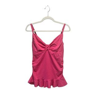 Lands' End Hot Pink Shirred Ruffle Tankini Top Sweetheart Twist Ruched Size 4